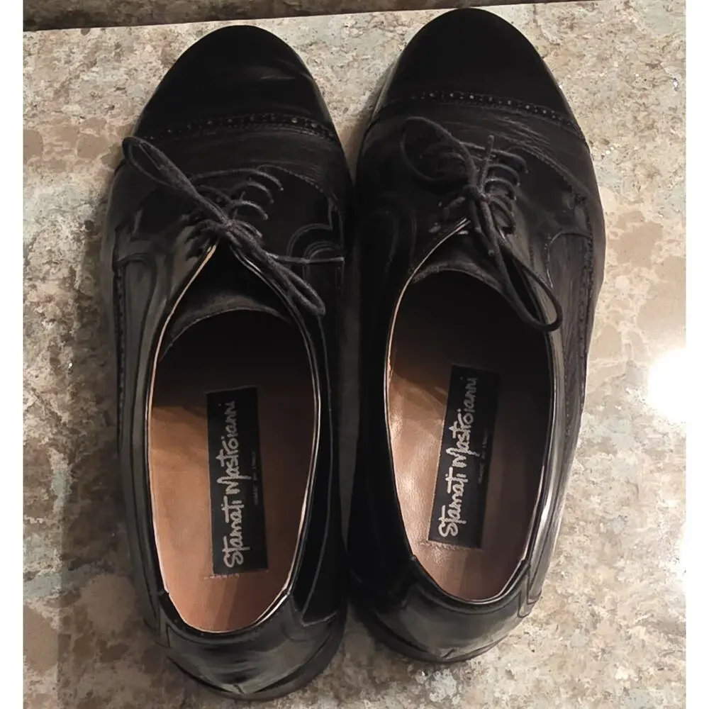 Stamati Mastroianni Men’s Black Leather Cap Toe Oxford Bespoke Shoes Size 10.5 W